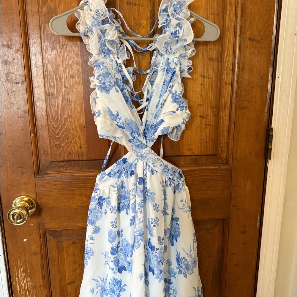 Floral Blue and White Ruffle Dress